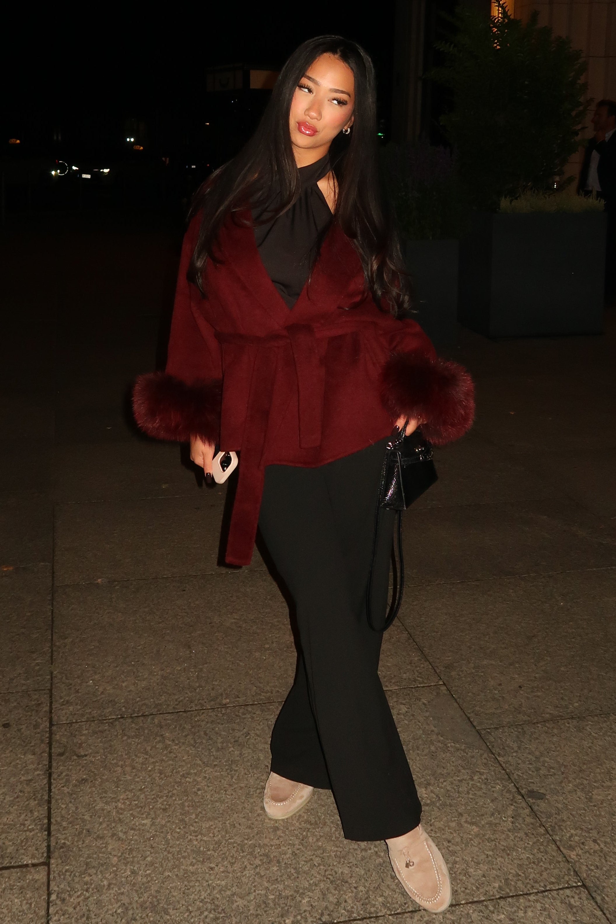 Belted Wool Fur Trim Coat