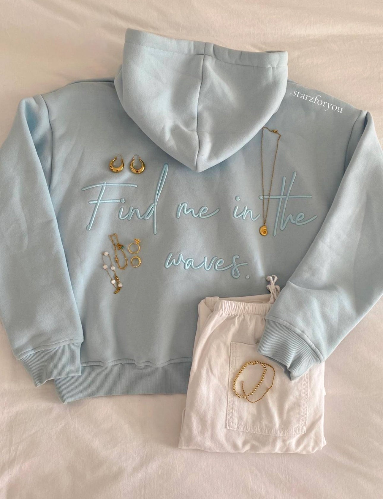 Waves Embroidered Hoodie Ocean Blue