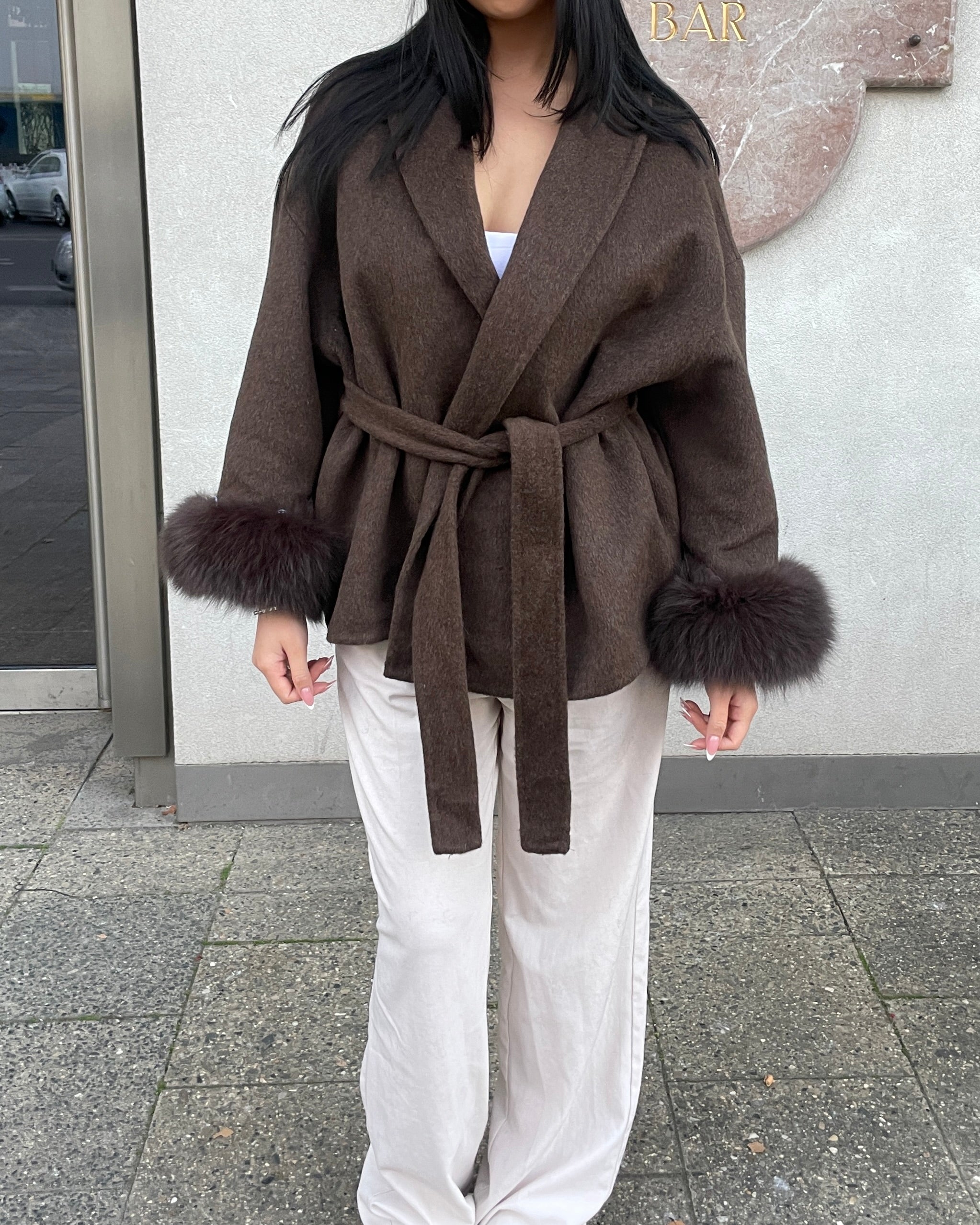 Belted Wool Fur Trim Coat